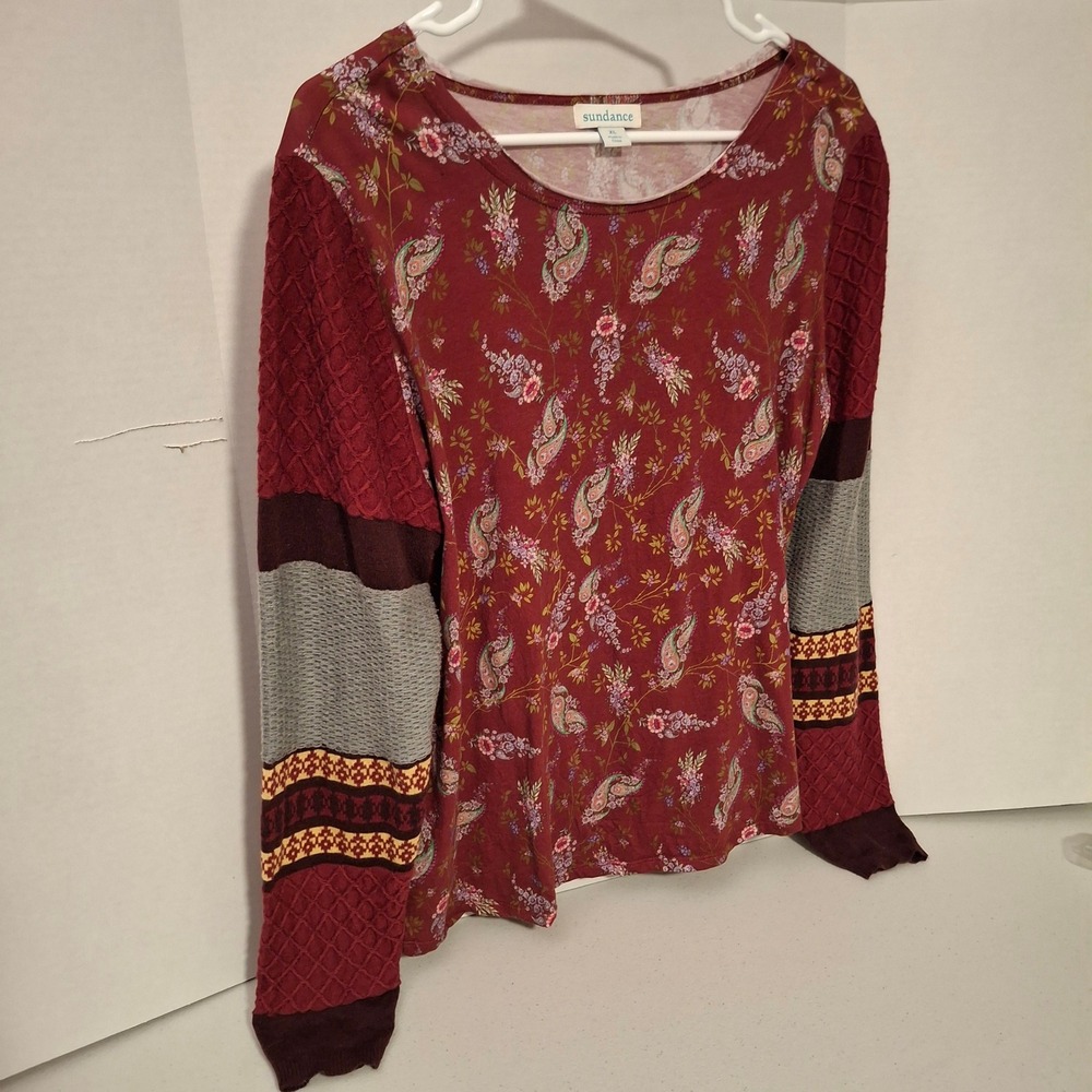 Sundance Mixed Print Floral Paisley Long Sleeve‎ Top XL Burgundy Patchwork